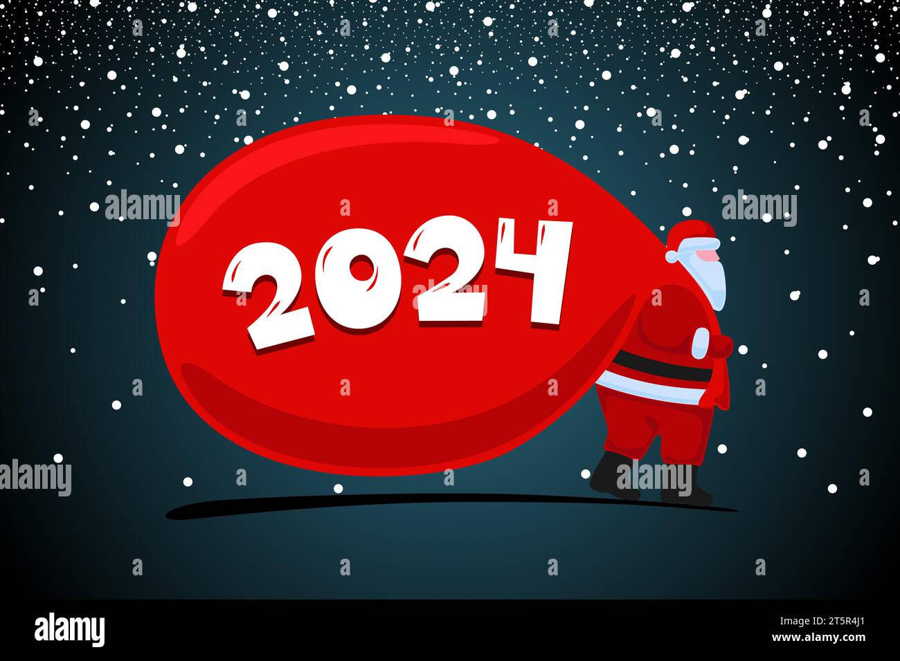 Weihnachtsmann Comic Figur kommt und trägt große schwere Geschenke rote Tasche. Weihnachten und Happy New Year 2024 Weihnachtsgrußkarte. Vektor EPS Feier Kalender Poster Illustration Stock Vektor