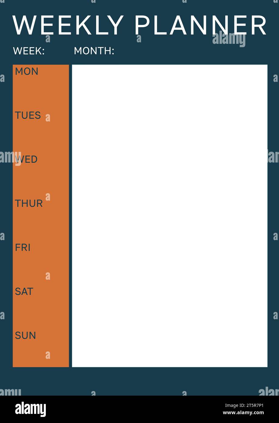 Abbildung: Wochenplaner, Woche, Monat, Monat, Monat, dienstag, mi, do, fr, Sa, Sonntag Text mit leerem Feld Stockfoto