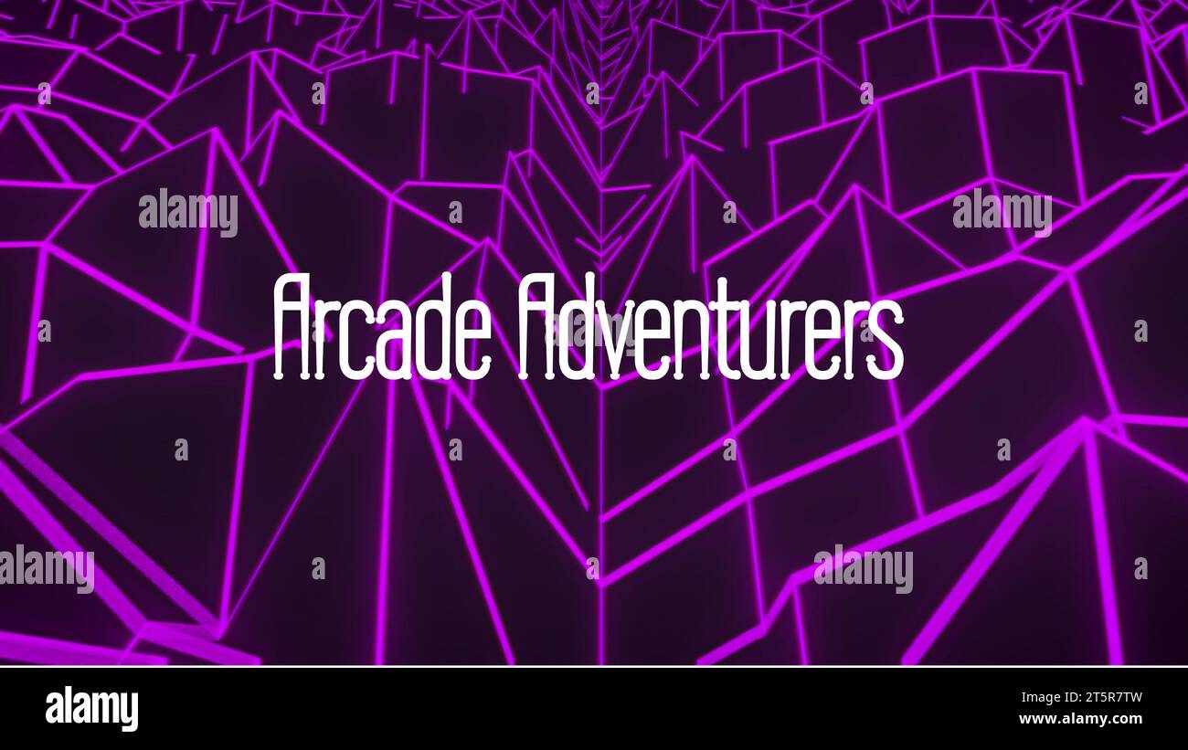 Illustration des Textes für Arcade-Abenteuer mit violetten abstrakten Rastermustern auf schwarzem Hintergrund Stockfoto