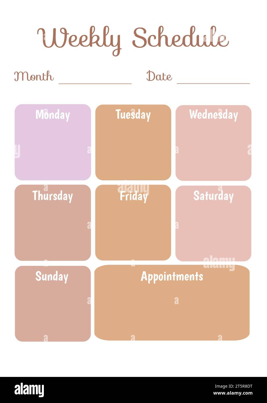 Wochenplan, Monat, Datum, montag, dienstag, Text für mittwoch, donnerstag, freitag, samstag, sonntag Stockfoto