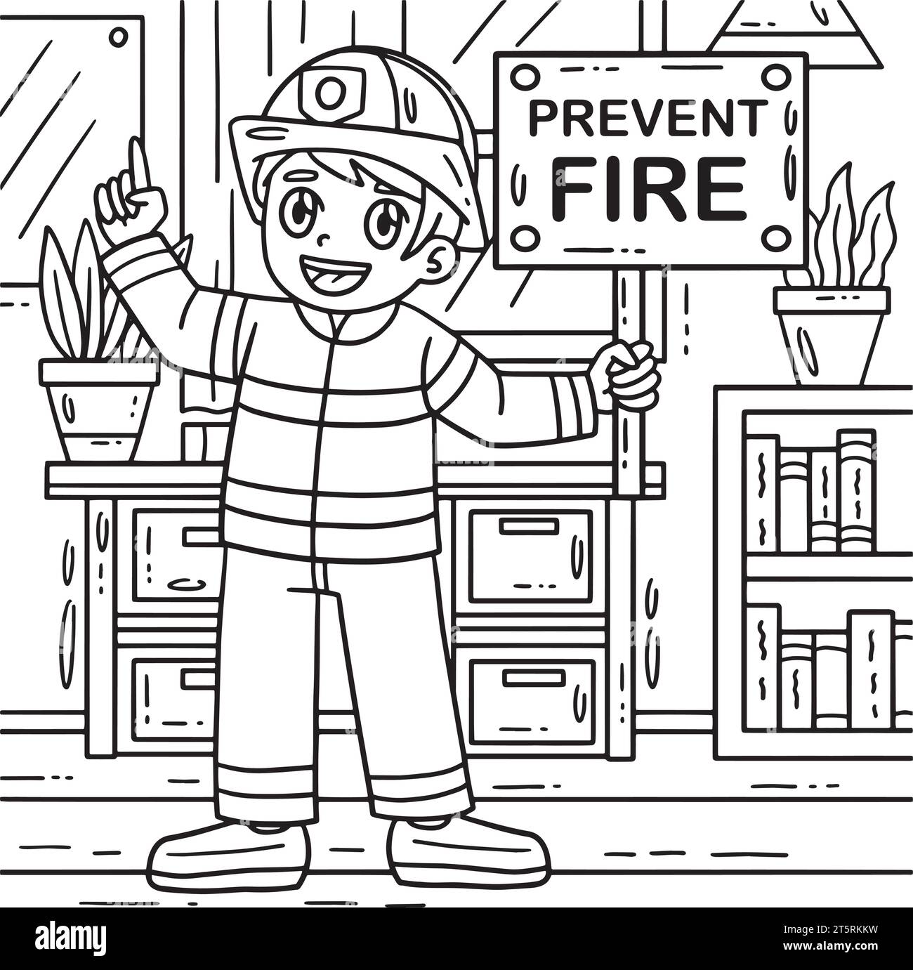 Feuerwehrmann hält eine Erinnerungsmalseite Stock Vektor