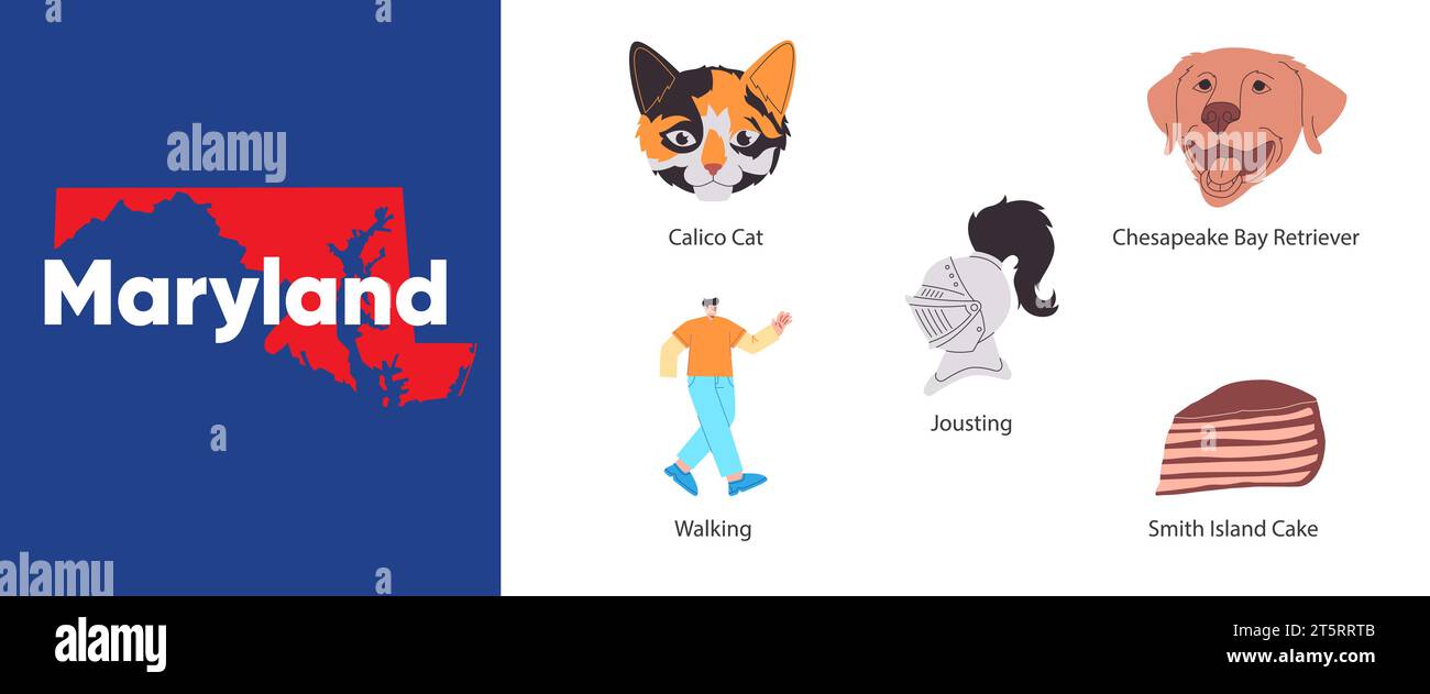 Maryland staaten mit Symbol-Symbol der Calico Katze chesapeake Bay Retriever smith Island Kuchen Turnier Illustration Stock Vektor