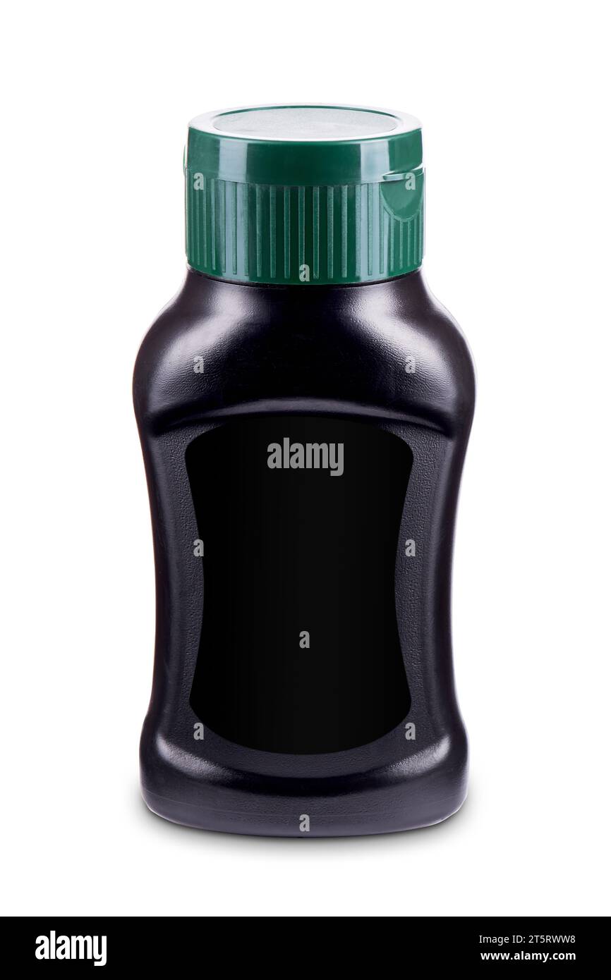 Schwarze Premium-Senfflasche mit grünem Klappdeckel und leerem schwarzen Etikett isoliert auf weißem Hintergrund. Modell für Produktdesign Stockfoto