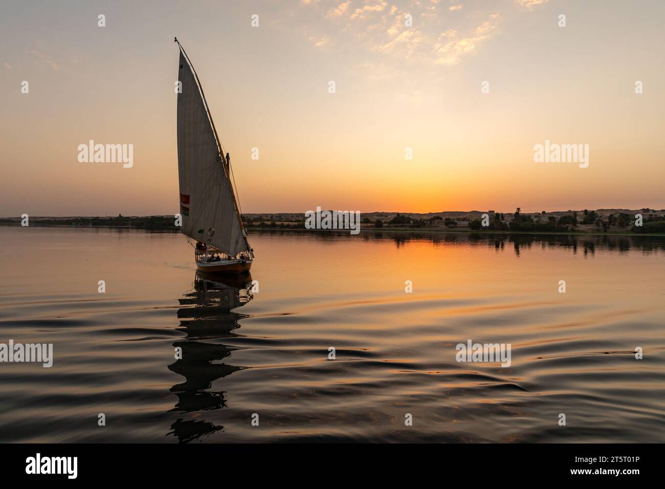 Felucca traditionelles ägyptisches Segelboot fährt bei Sonnenuntergang auf dem Nil den Fluss hinunter Stockfoto