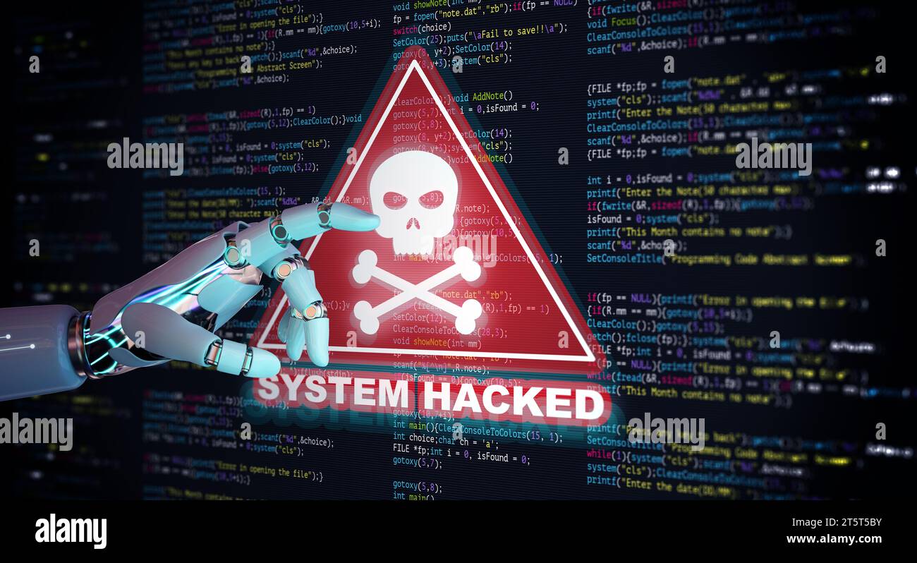 KI-Roboterhand zeigt abstrakte moderne Technologie der Programmierung Code Bildschirm mit Warnung vor gehacktem System. Viren, Malware, Cyberangriffe und Internet Stockfoto