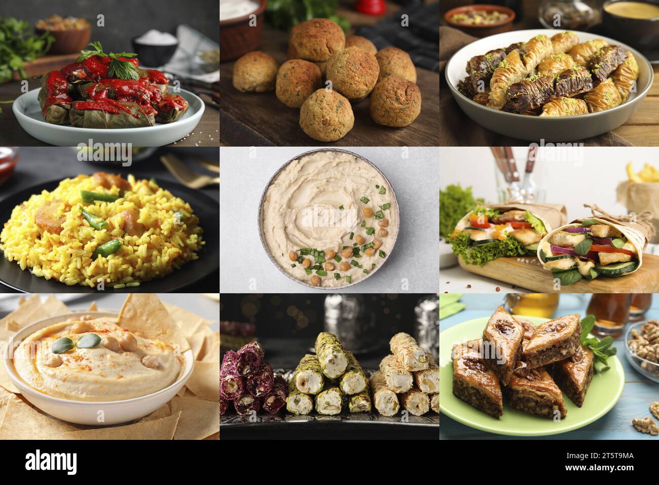 Verschiedene leckere Gerichte aus dem Nahen Osten. Collage mit Shawarma, Hummus, Pilaw, Desserts und anderen Stockfoto