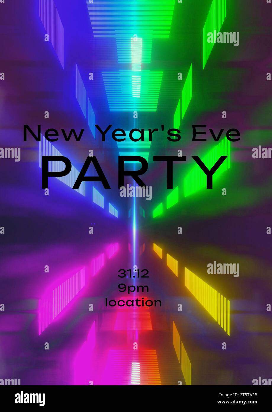 Silvesterparty Text in Schwarz über bunten Lichtblöcken Stockfoto