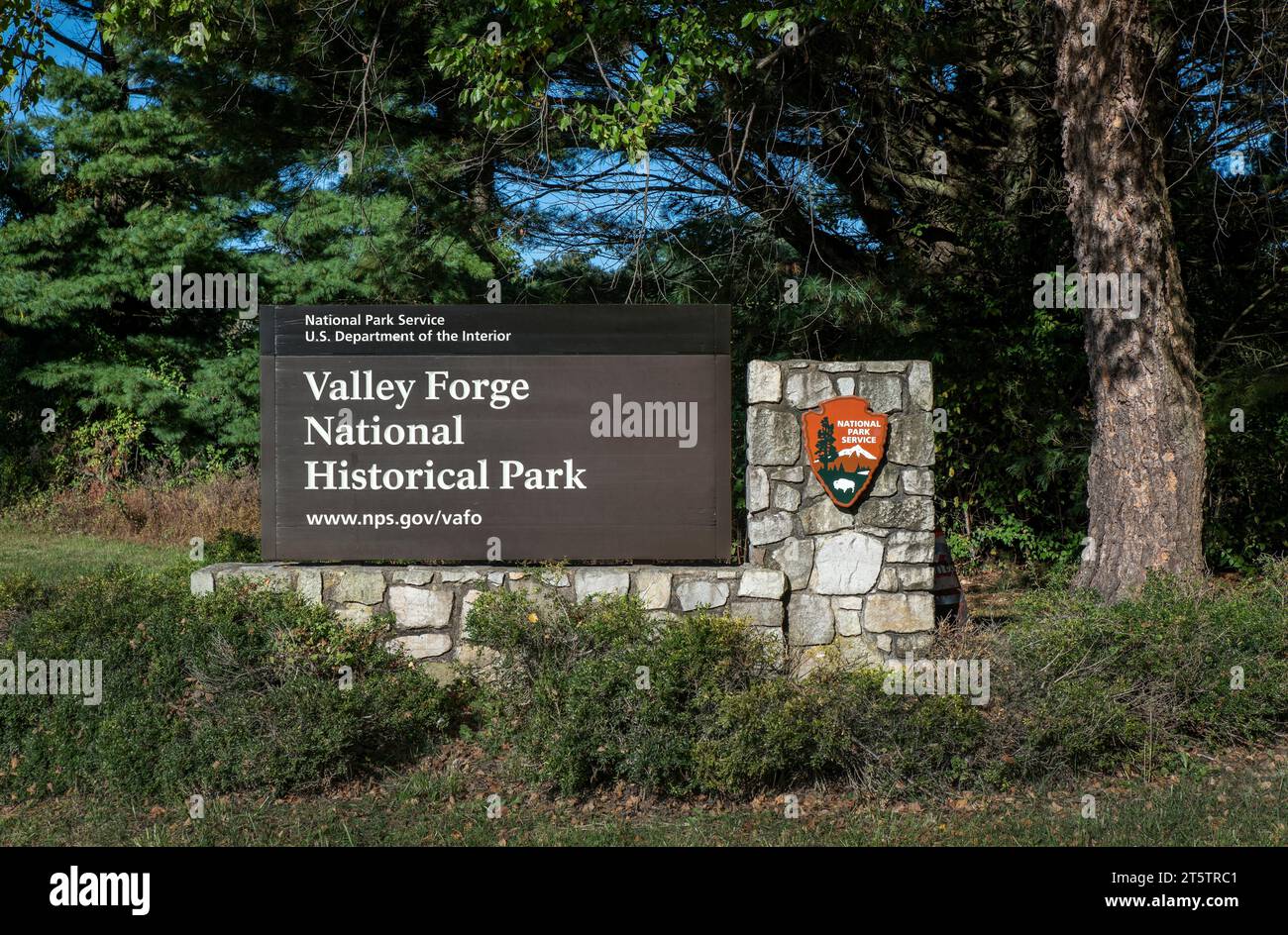 Eintrittsschild zum Valley Forge Historical Park. Stockfoto