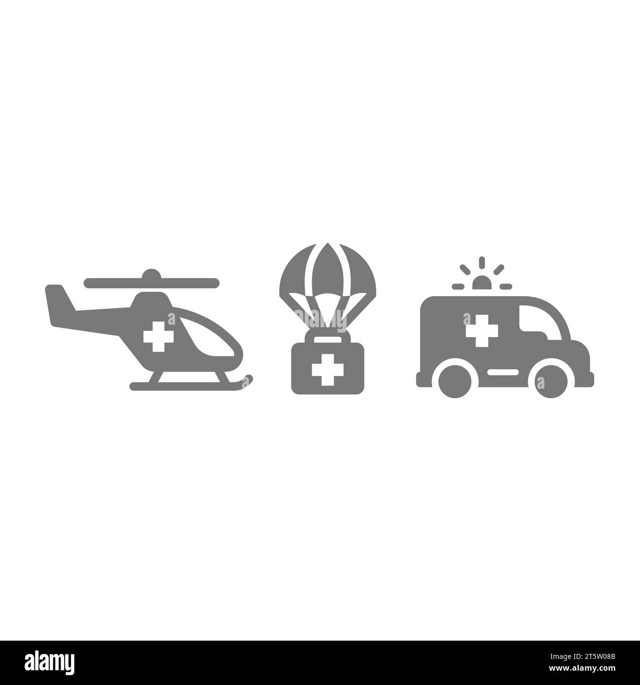 Medizinische Hilfe, Hubschrauber und Fallschirmvektorsymbole. Medikamentenlieferung, erste-Hilfe-Krankenwagen-Symbolsatz. Stock Vektor