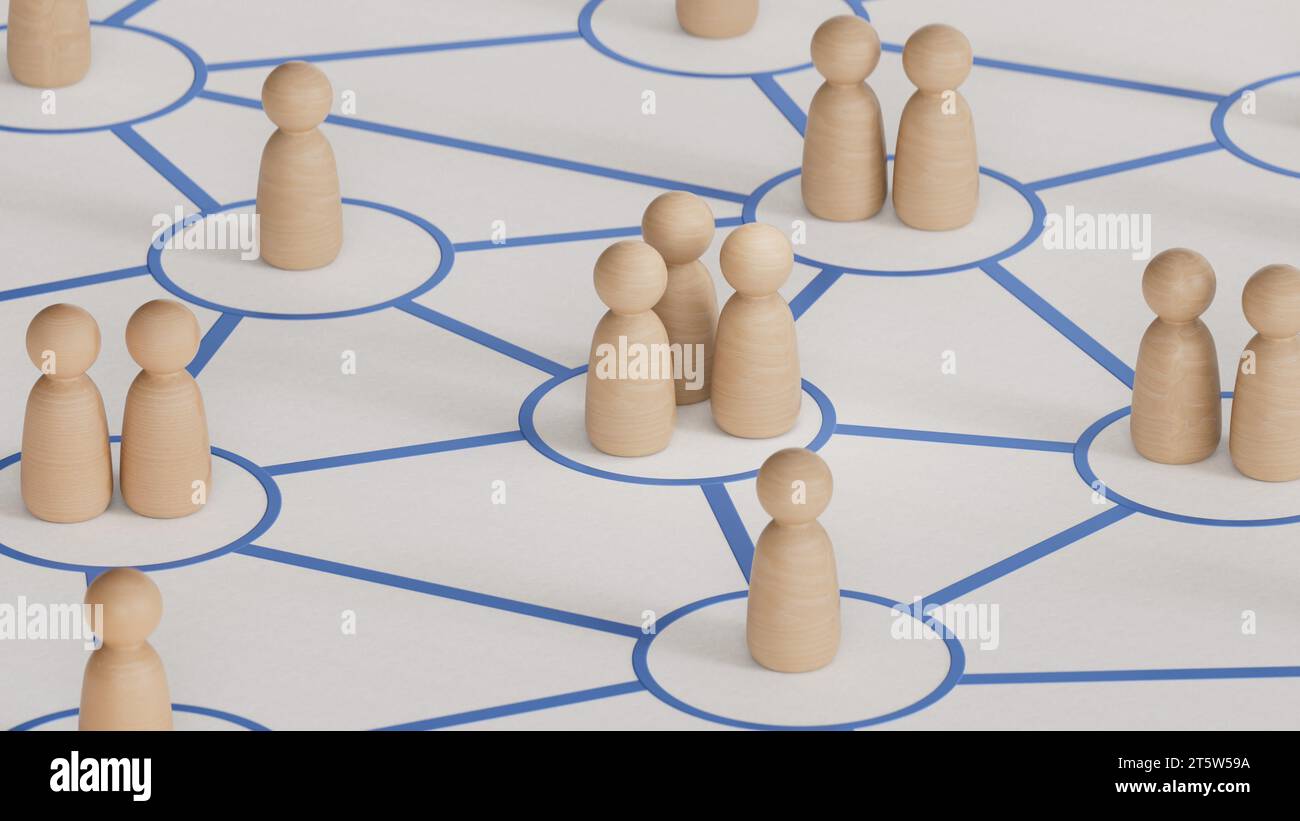 Nahaufnahme bunter Holzpfähle auf miteinander verbundenen Kreisen. Konzept der Darstellung von Interrelations.3D auf weißem Hintergrund. Stockfoto
