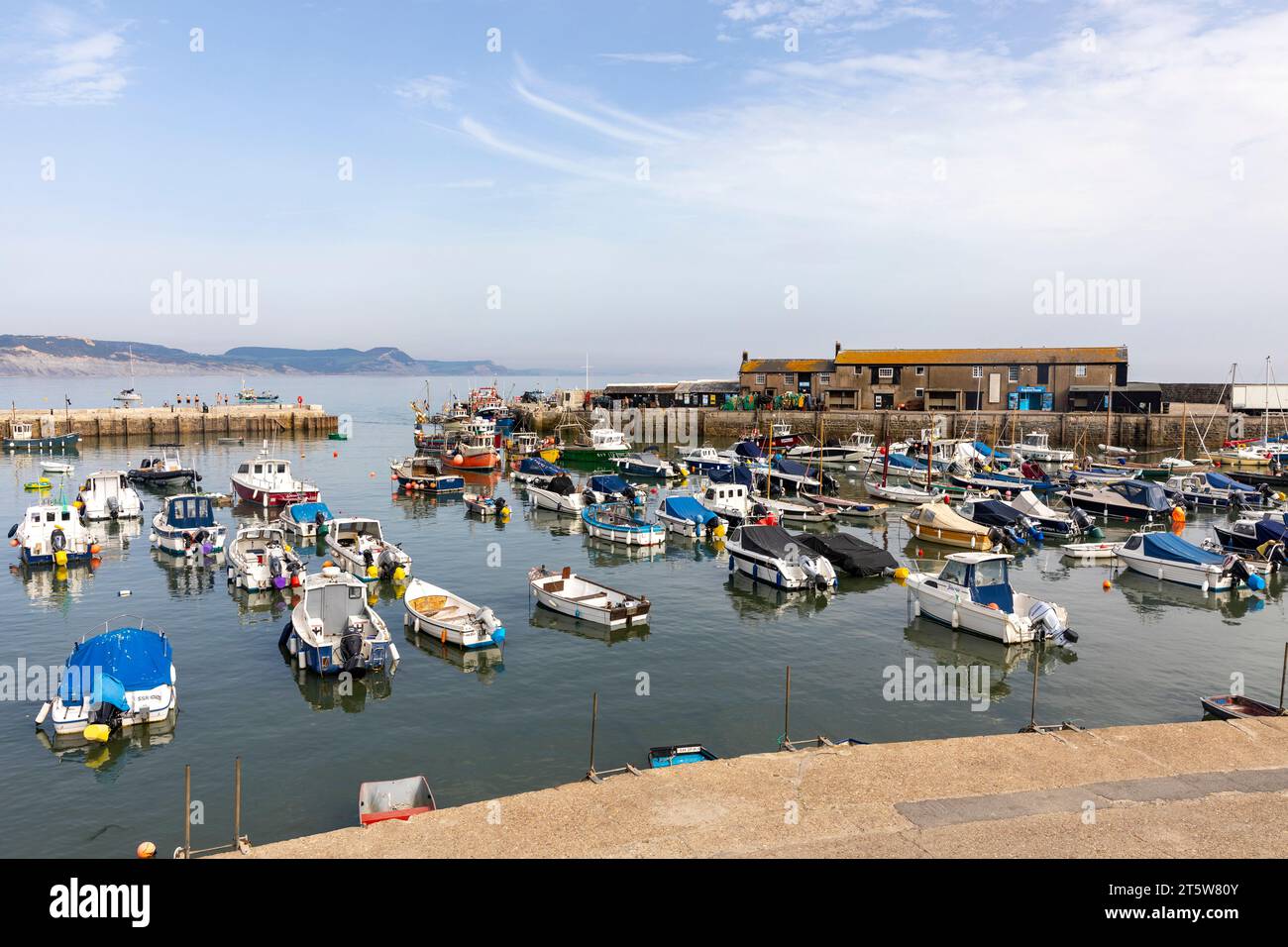 Lyme Regis Hafen an der Küste von Dorset, Boote, die im Hafen in dieser englischen Küstenstadt, Großbritannien, ankern, 2023 Stockfoto