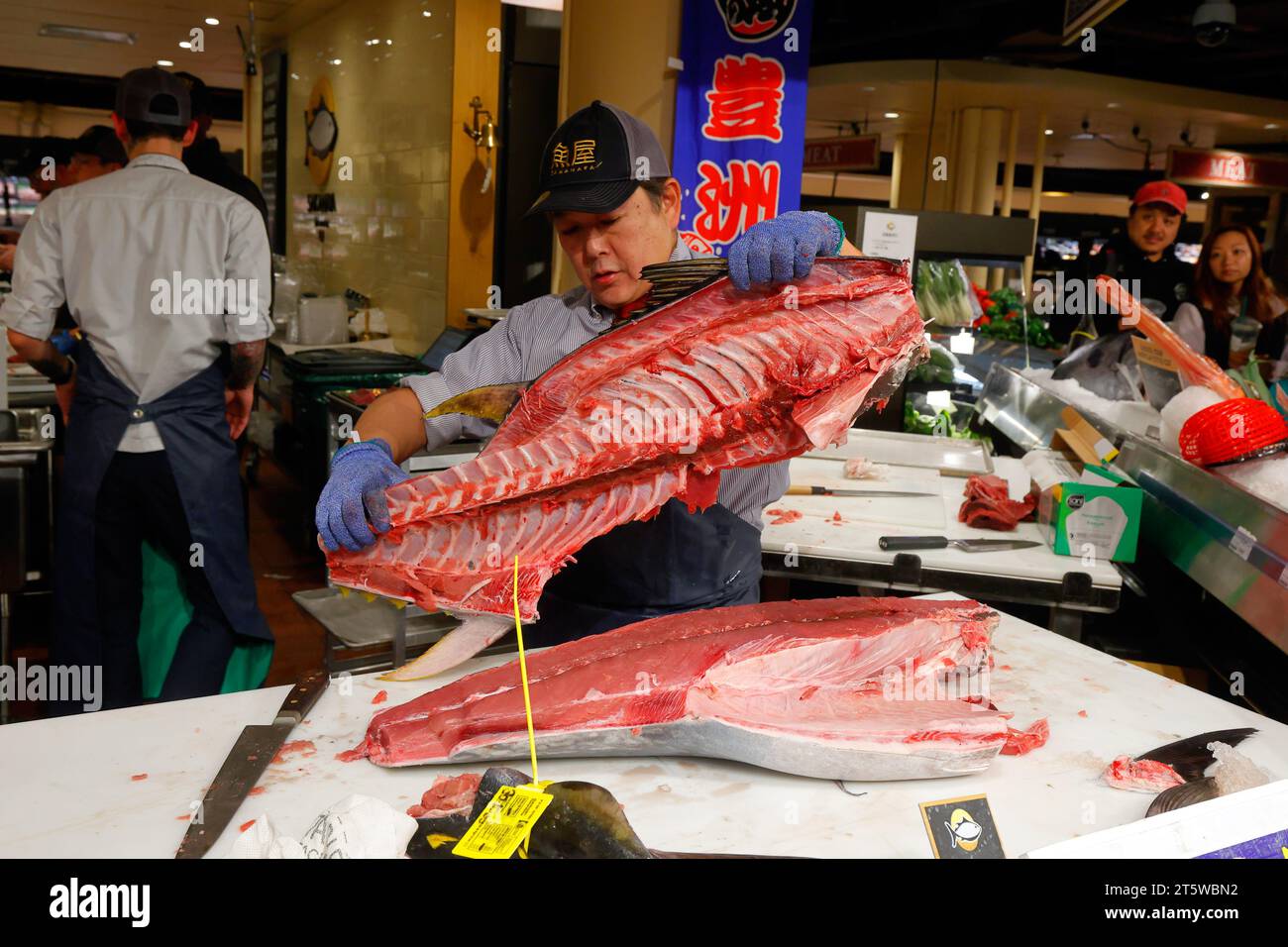 November 2023, New York. Ein japanischer Fischhändler entführt auf dem Sakanaya Fischmarkt im Wegmans Astor Place einen kleinen, wild gefangenen MSC Atlantischen Roten Thun (Thunnus thynnus). An der Fischtheke werden frischer Fisch und Meeresfrüchte aus der Region sowie japanischer Fisch aus dem Toyosu Fish Market in Tokio angeboten. Stockfoto