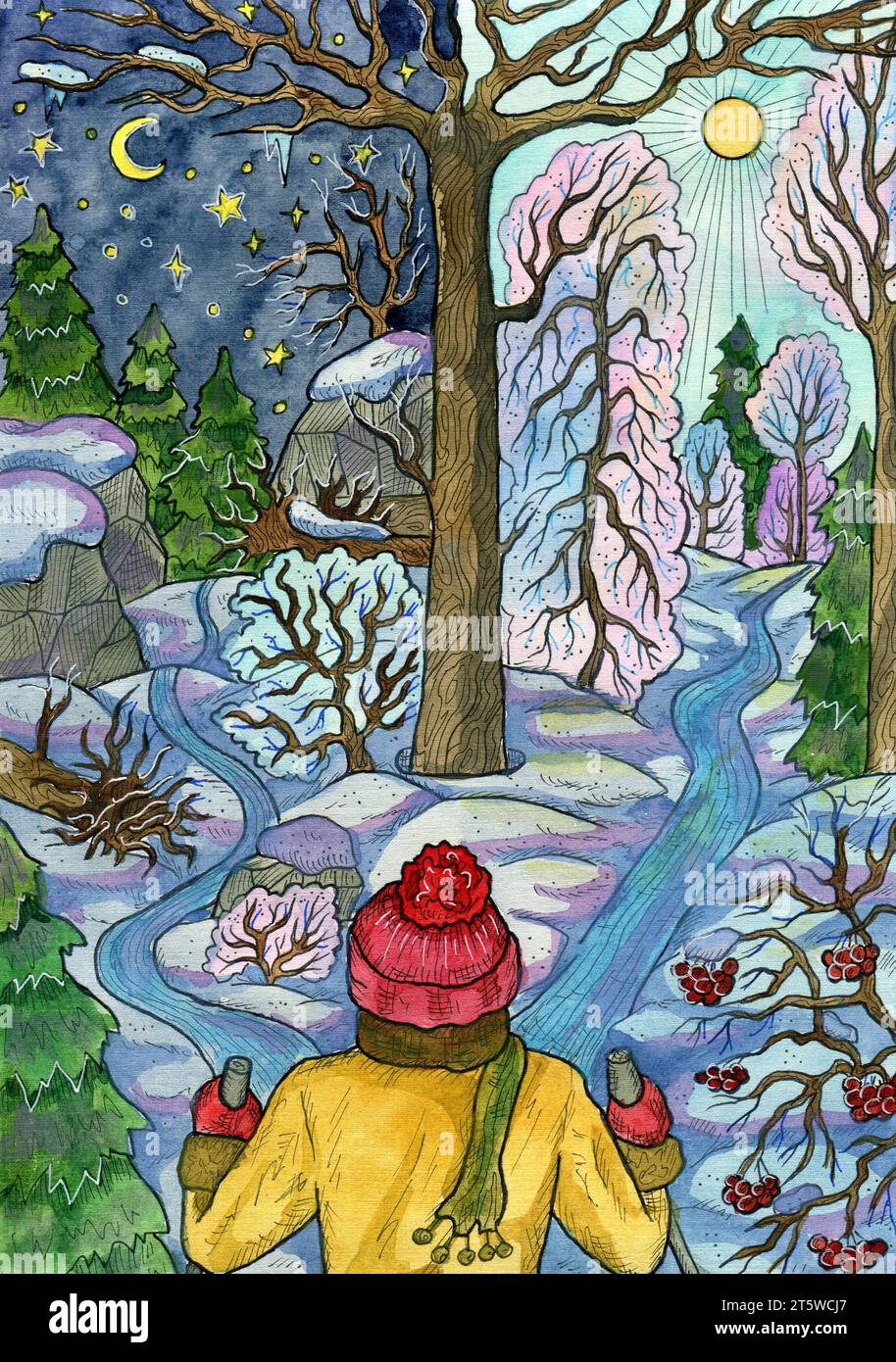 Weihnachten und Neujahr Aquarellillustration mit Reisenden oder Skifahrer im Winterwald mit Bäumen und Büschen. Hintergrund der saisonalen Grußkarte. Stockfoto