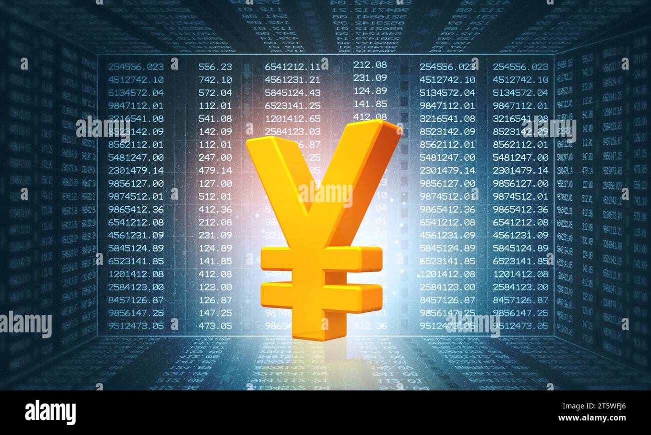 Yen-Zeichen auf Börsenhintergrund. 3D-Abbildung Stockfoto