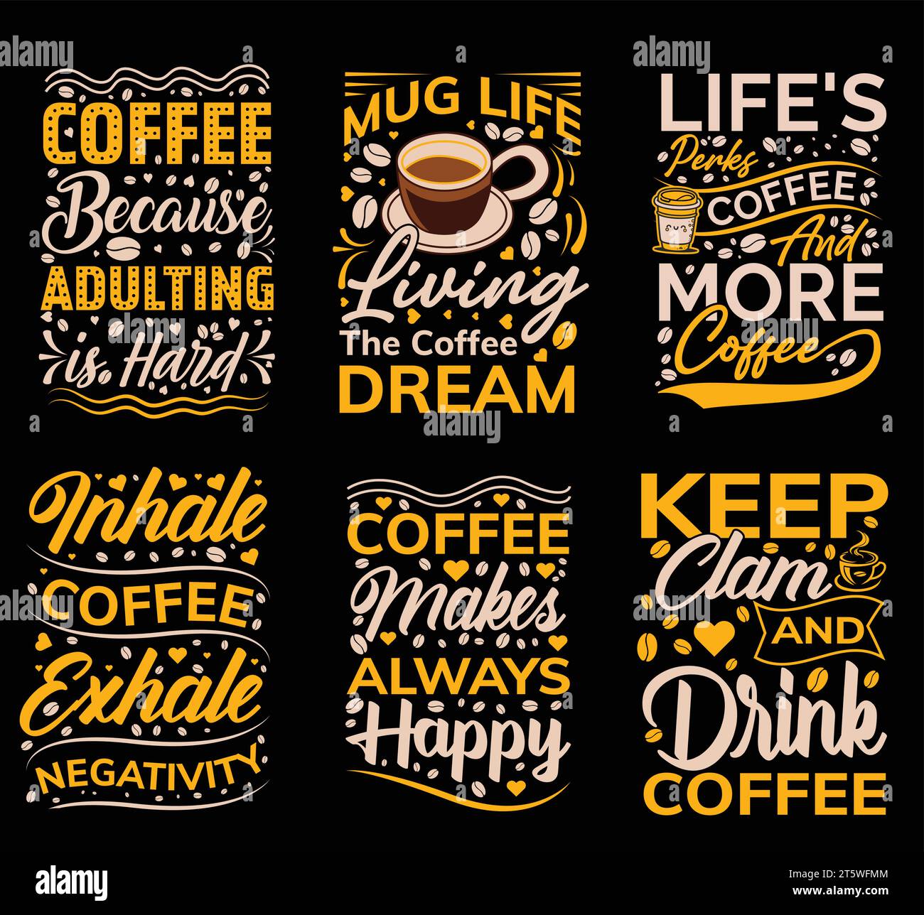 T-Shirt-Design-Set mit Typografie und Kaffeetasse Stock Vektor