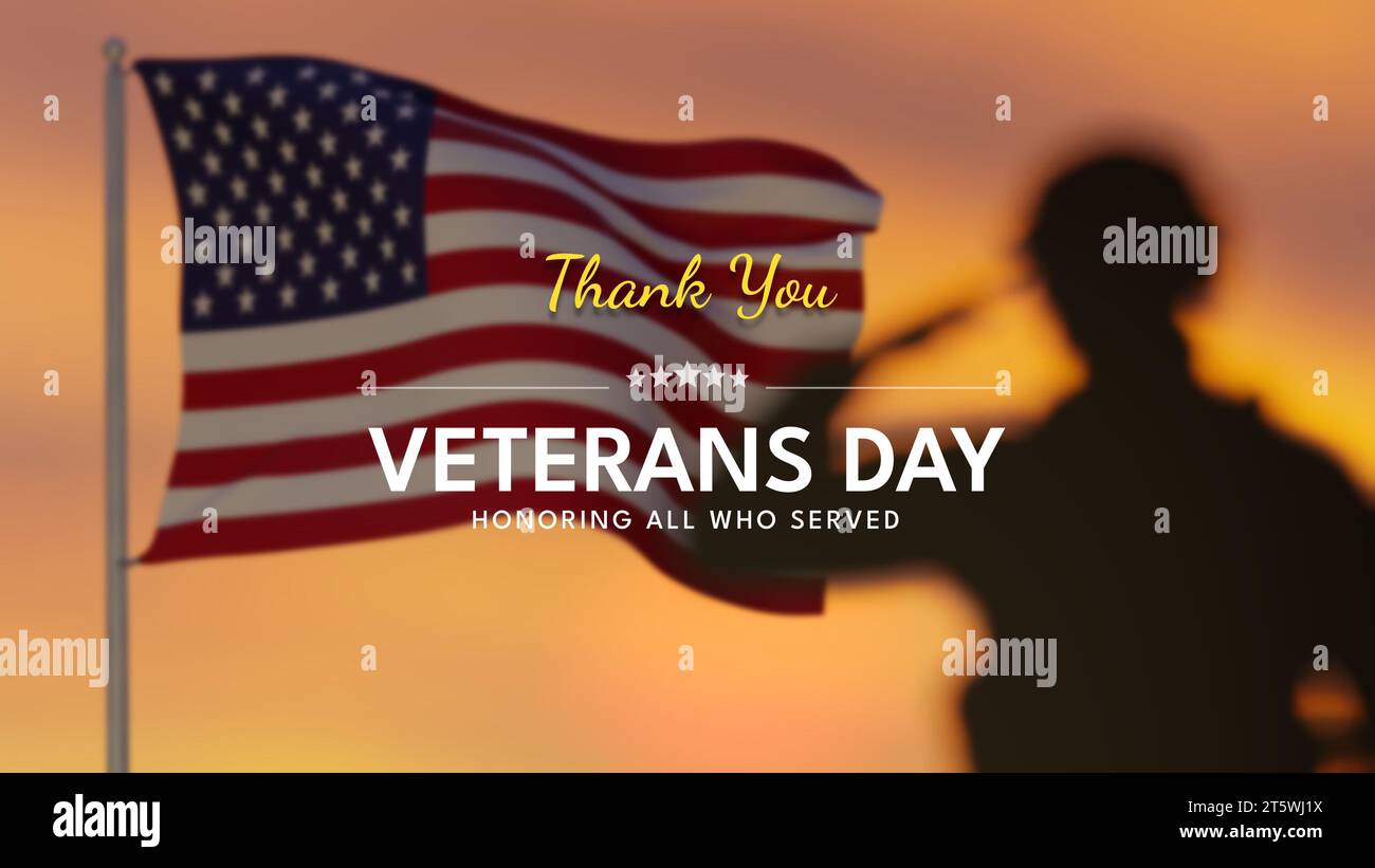 Veteranen-Tageskarte. Saluß, die amerikanische Flagge schwenkt. Stockfoto