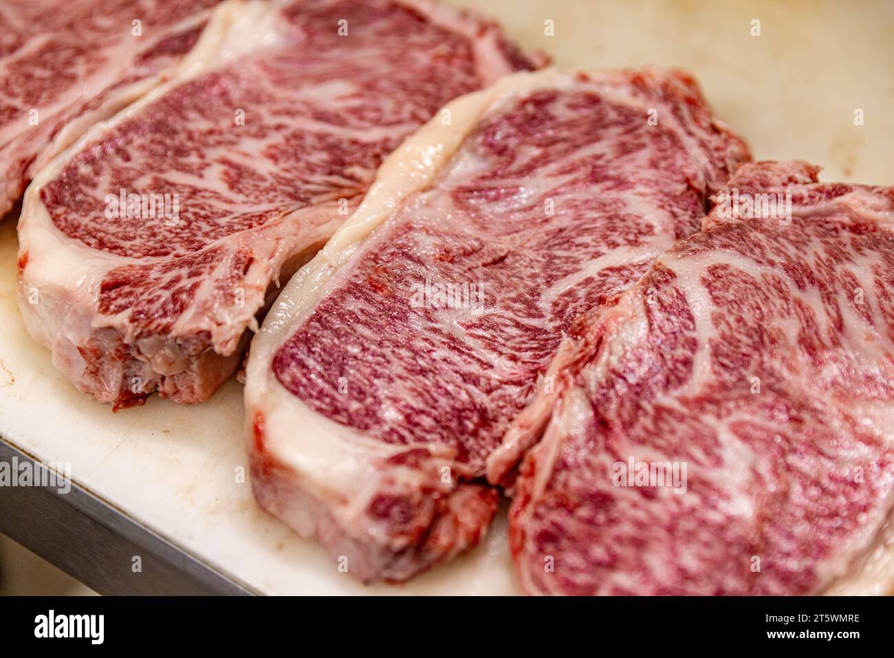 Rohes japanisches Wagyu-Lendensteak. Rohes, frisches marmoriertes Fleisch Stockfoto