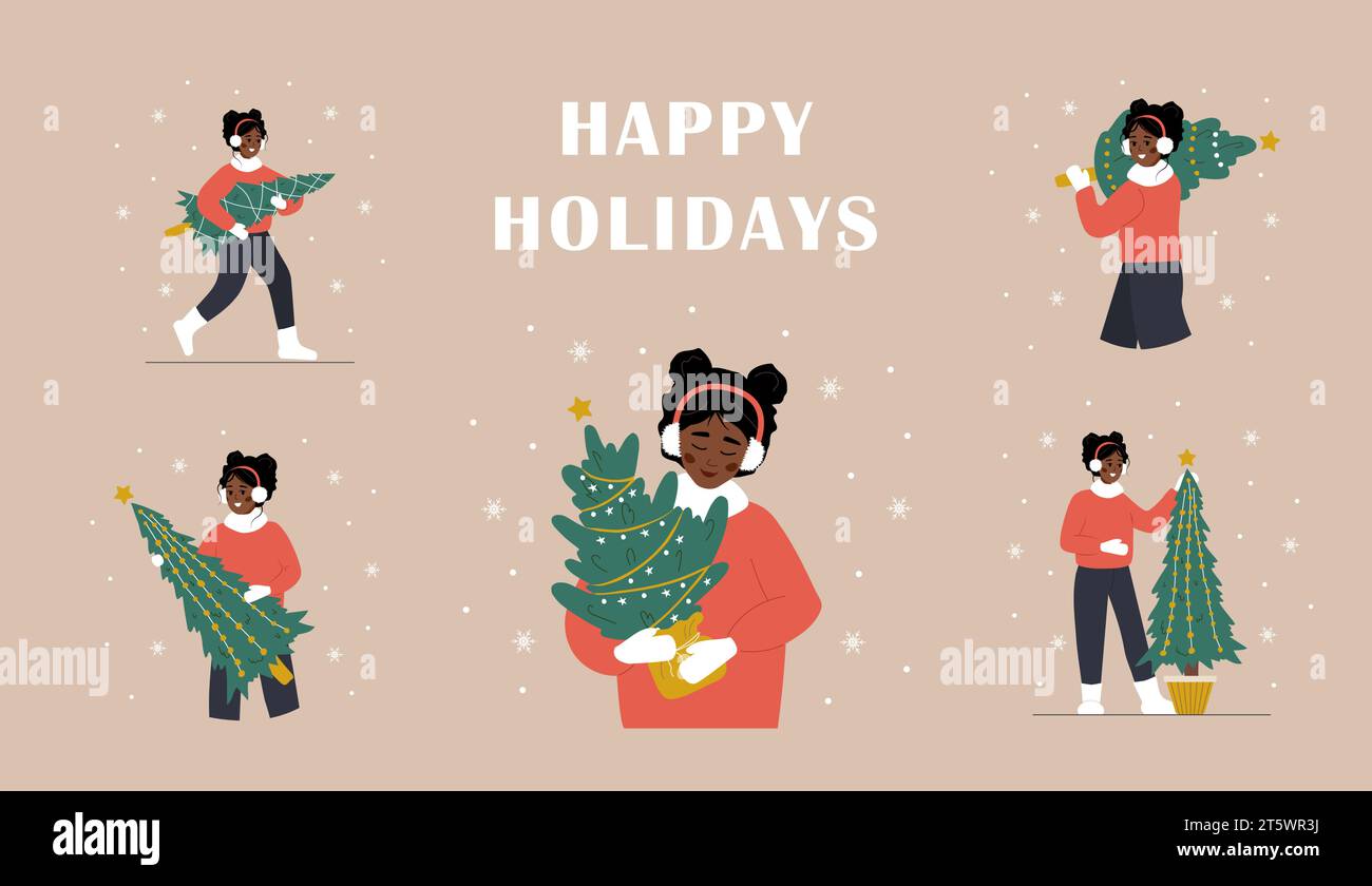 Frau, die einen Weihnachtsbaum hält. Set mit frohen Weihnachtsillustrationen. Afrikanische lächelnde Mädchen bereiten sich auf die Winterferien vor. Neujahrs-Postkarten. Vektor in Stock Vektor