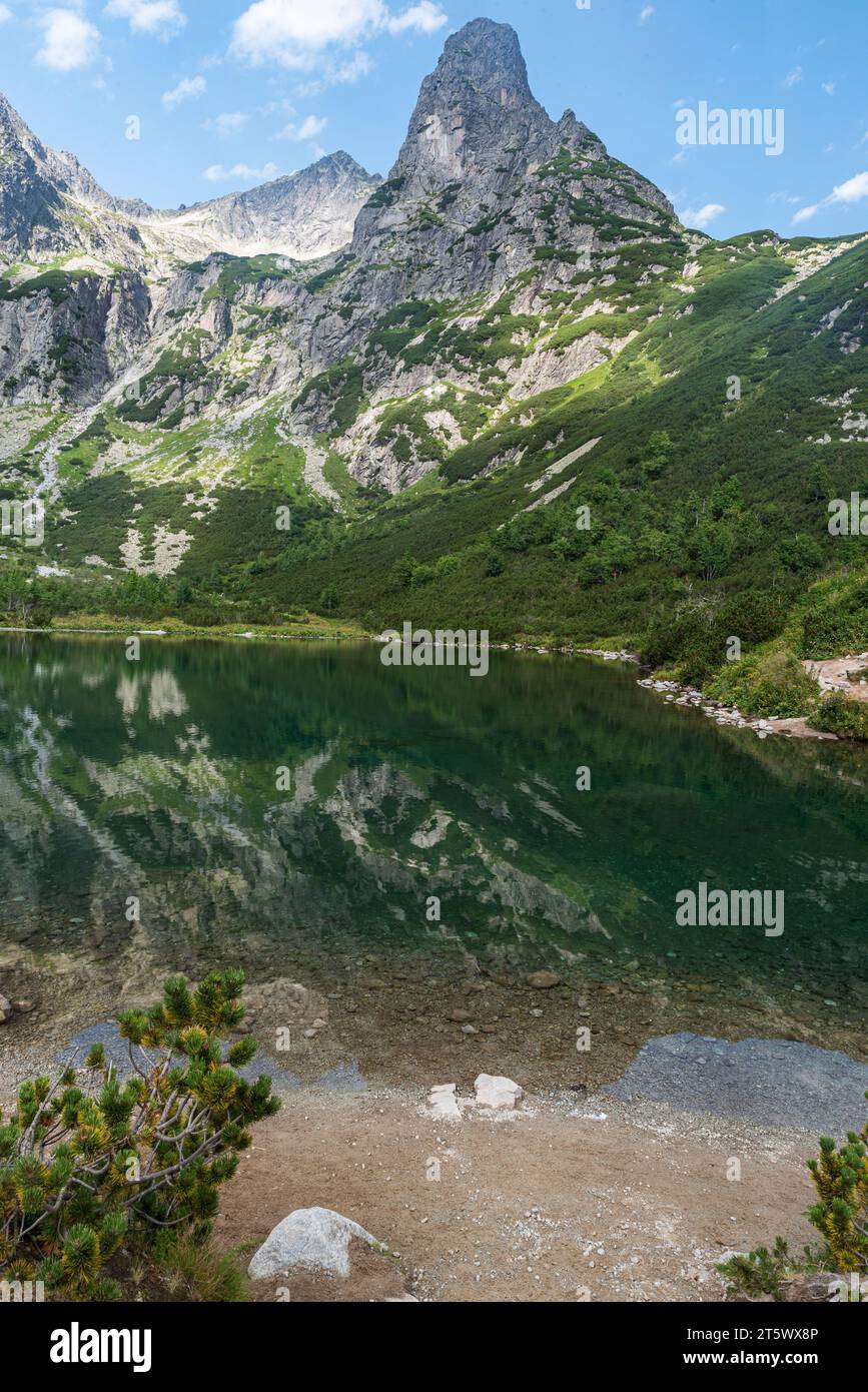 Zelene pleso See mit Jastrabia veza und Kolovy Stit Berggipfel oben in der Hohen Tatra in der Slowakei an schönen Sommertagen Stockfoto