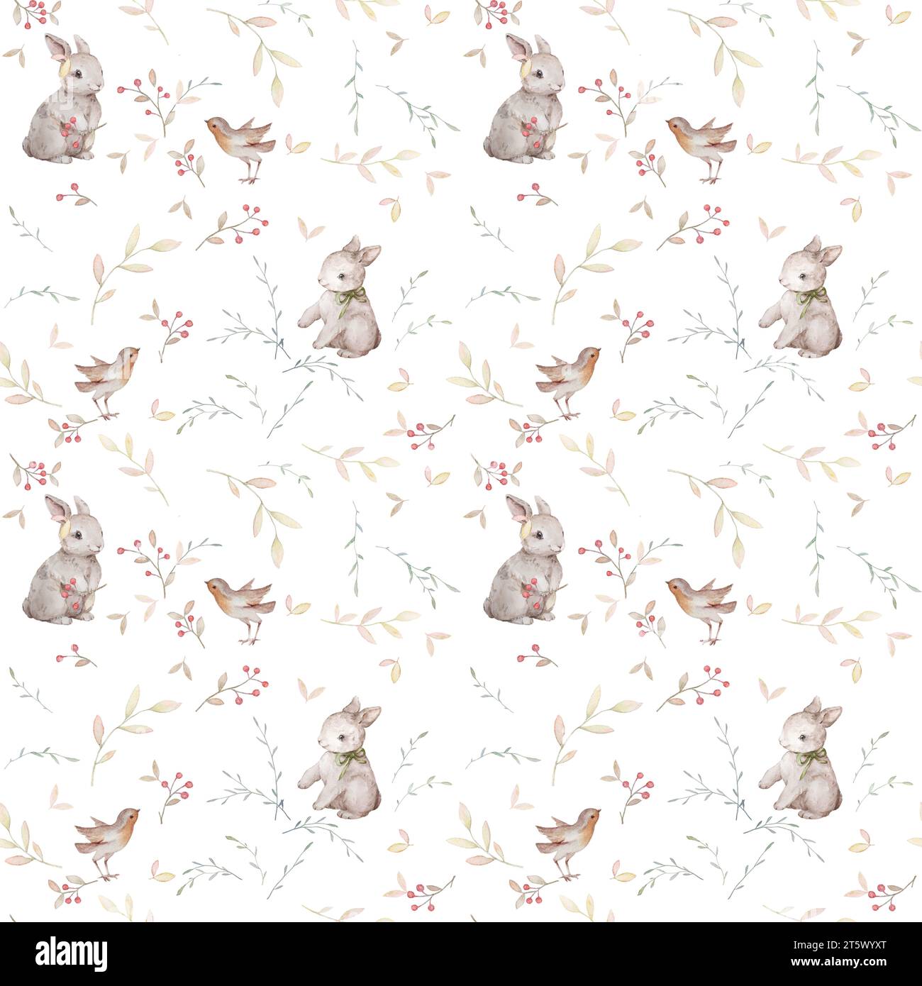 Kaninchen Nahtlose Muster, Robin Vogel Aquarell Muster, Weihnachten Vogel Muster Wallpaper, Waldtiere Wallpaper, Weißer Hintergrund Stockfoto