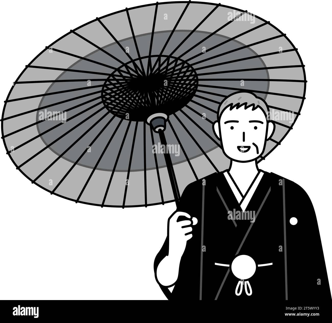 Neujahrstag und Hochzeiten, Senior man trägt Hakama mit Wappen hält einen japanischen Regenschirm mit Lächeln, Vektor-Illustration Stock Vektor