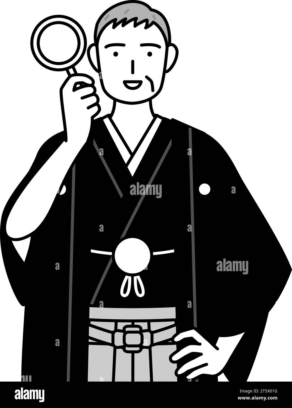 Neujahrstag und Hochzeiten, älterer Mann, der Hakama mit Wappen trägt und durch Lupen schaut, Vektor-Illustration Stock Vektor