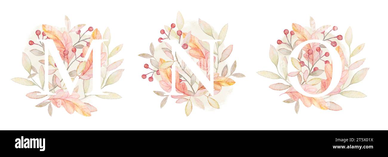 Herbstbriefe. Handgezeichnetes Herbstblumenkolhabet. Buchstaben mit Aquarellpflanzen. Einrichtung Mit Einladung Für Neugeborene. Baby Clipart Stockfoto