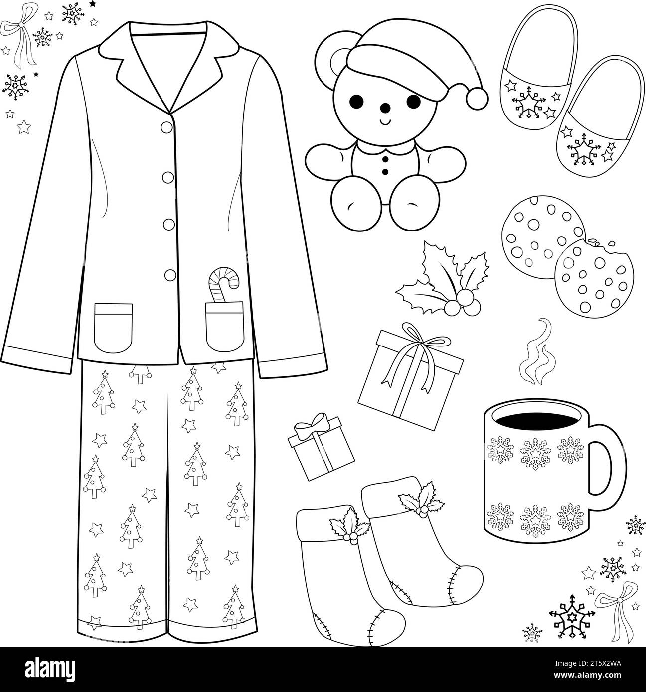 Weihnachtskollektion mit Pyjama, heißem Kakao und Geschenken. Vektor-Schwarzweiß-Farbseite. Stock Vektor