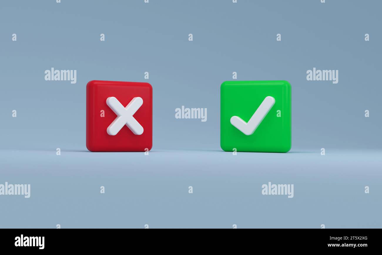 Richtige Prüfung und falsche Markierung. JA und NEIN für die Abstimmung, Entscheidung auf blauem Hintergrund. 3D-Rendering. Stockfoto