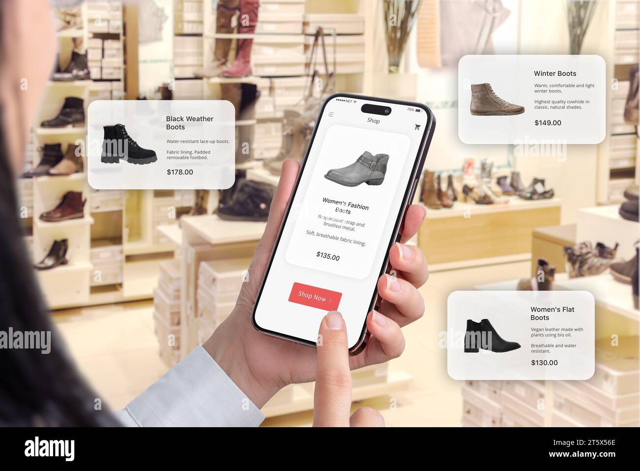 Trendige Schuhe in einem Schuhgeschäft. Online-App auf einem Smartphone mit der Schaltfläche „jetzt kaufen“. Schwimmende Ballons, die Schuhempfehlungen vorschlagen Stockfoto