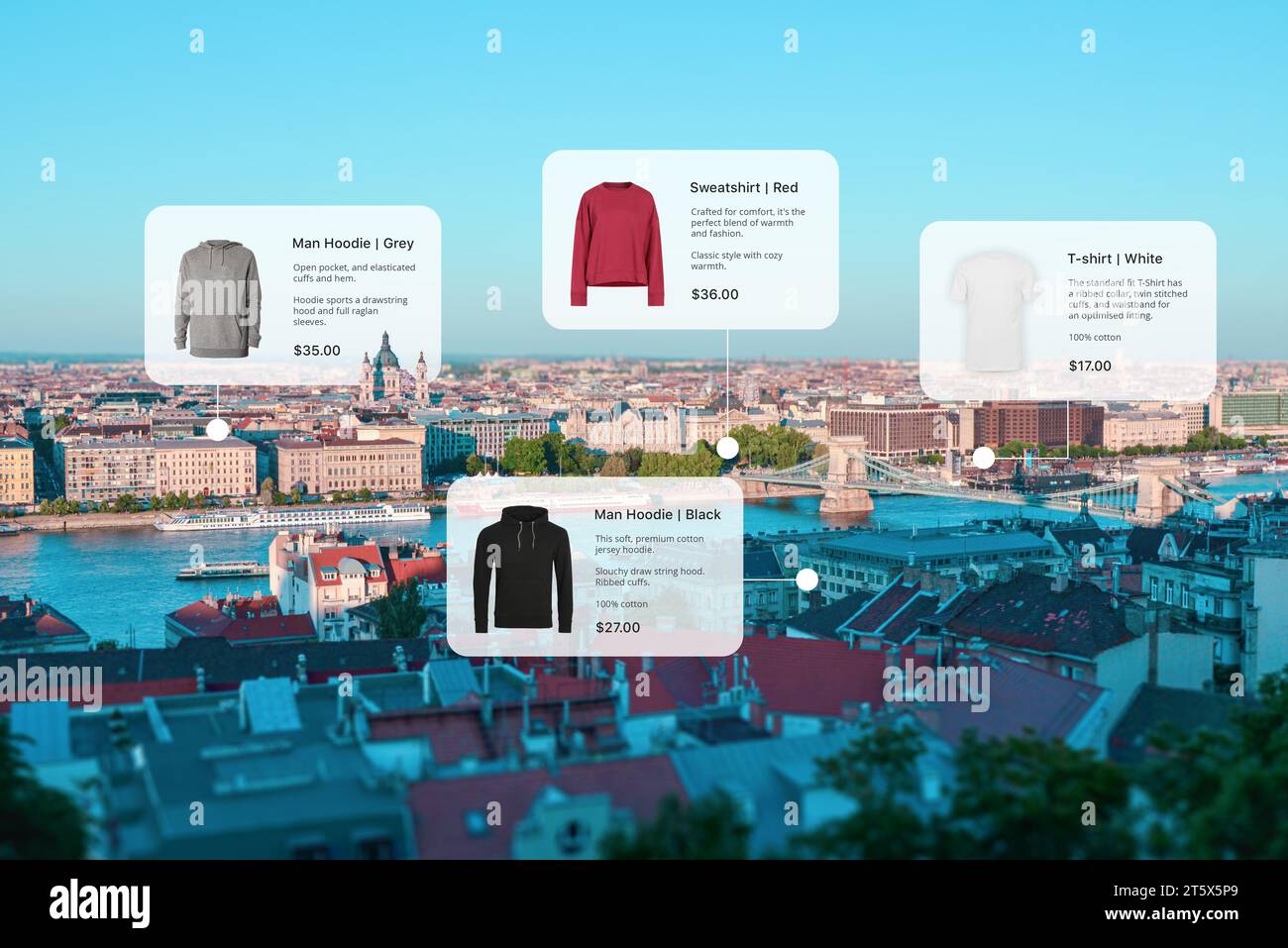 Erleben Sie die Zukunft des Einkaufs in der Stadt mit einer intelligenten Shopping-System-App. Entdecken und kaufen Sie Stadtmode auf Knopfdruck und entdecken Sie die Beschreibung Stockfoto