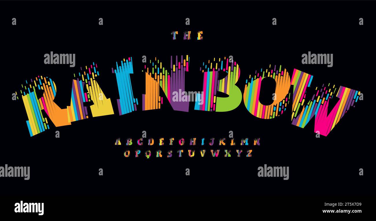 Buntes Alphabet in Regenbogenfarben, interaktive, lebendige Schriftart, innovative Schriftart für digitale Kunst, Kinderpartys und fesselnde Werbung, kreative Schlagzeilen Stock Vektor