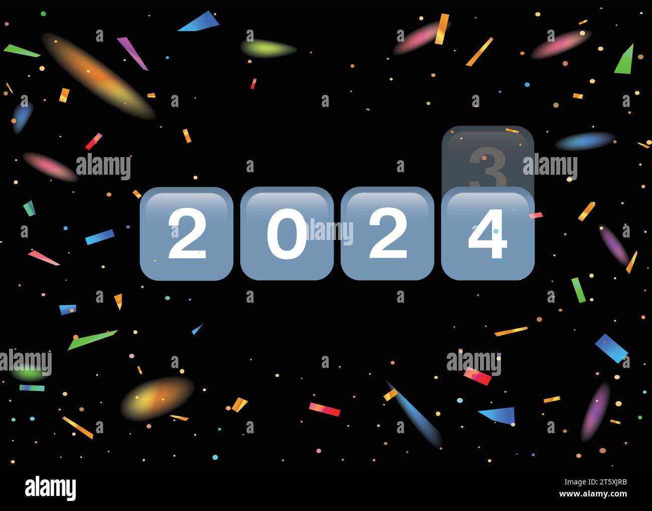 Der vektorschwarze Countdown Party Vorlage Hintergrund mit der Zahl 2024 und bunten Festival Regenbogen Konfetti Stock Vektor