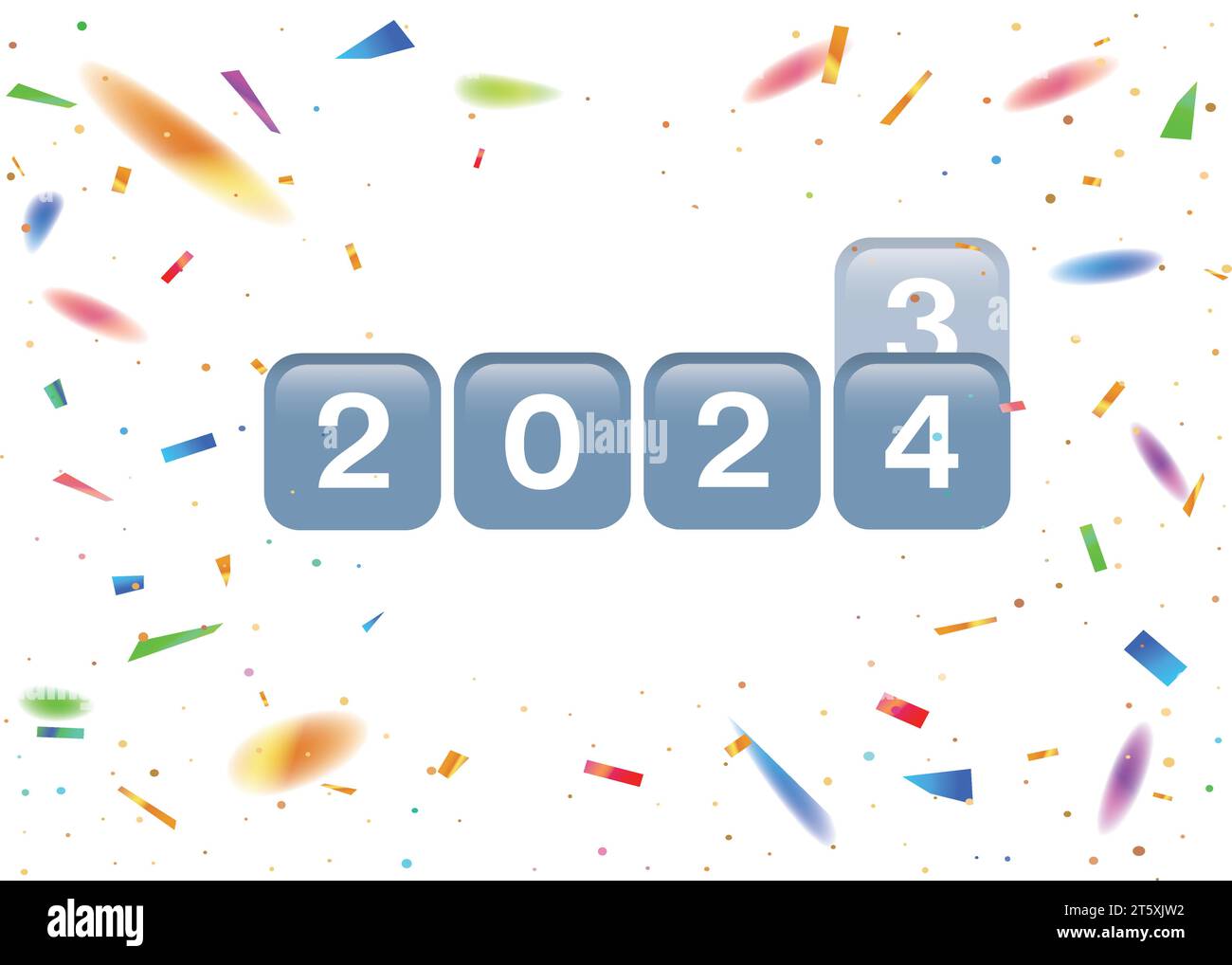 Der vektorweiße Countdown Party Vorlage Hintergrund mit der Zahl 2024 und farbenfrohen Festival Regenbogen Konfetti Stock Vektor