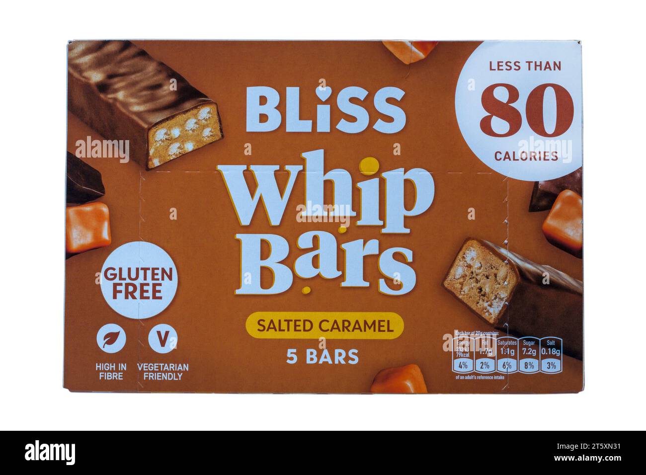Schachtel Bliss Peitschenstangen gesalzenes Karamell weniger als 80 Kalorien isoliert auf weißem Hintergrund Stockfoto