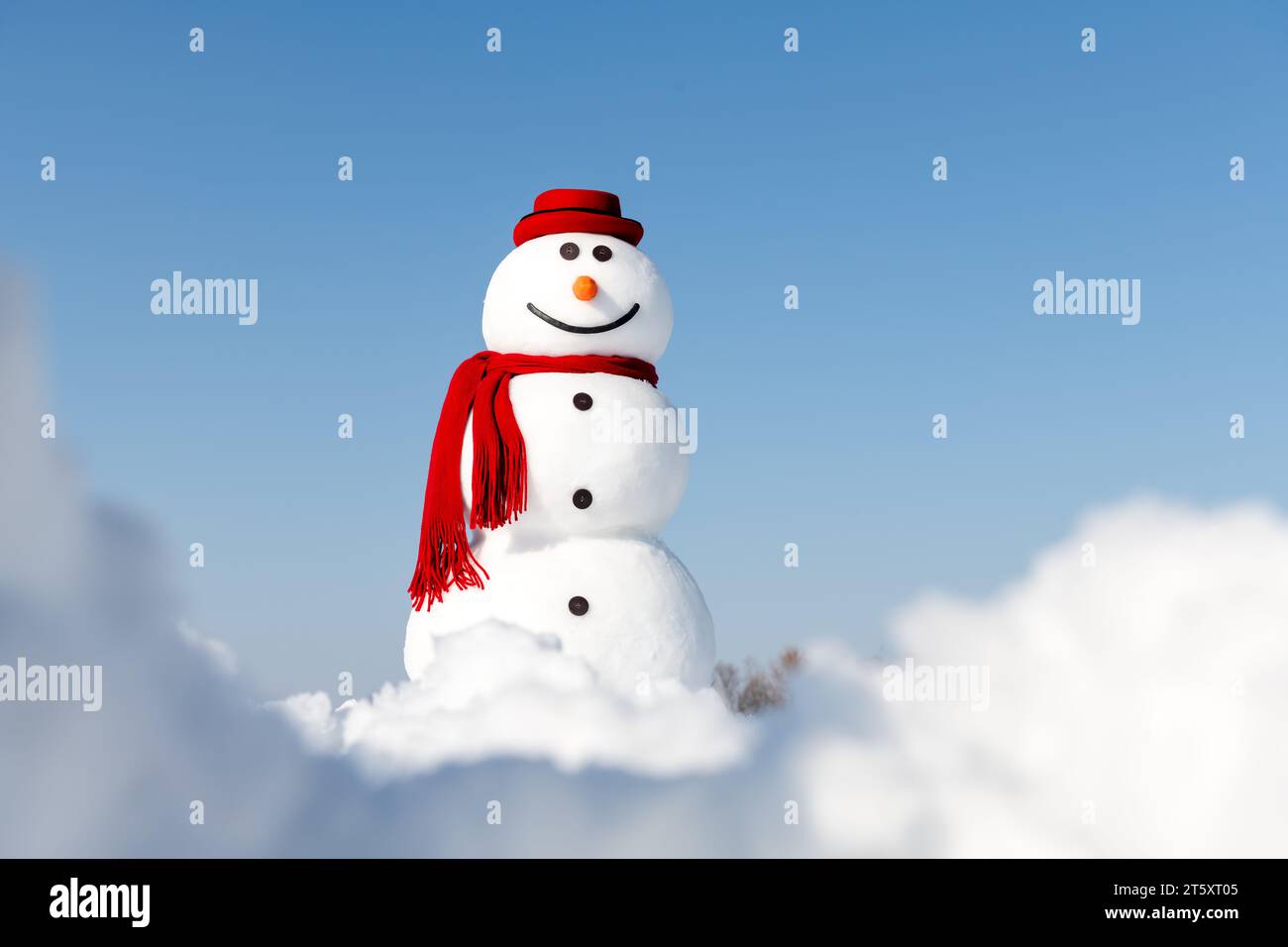 Ein fröhlicher Schneemann mit modischem roten Hut und passendem Schal steht stolz auf einem verschneiten Feld vor einem klaren blauen Himmel. Weihnachtspostkarte Stockfoto