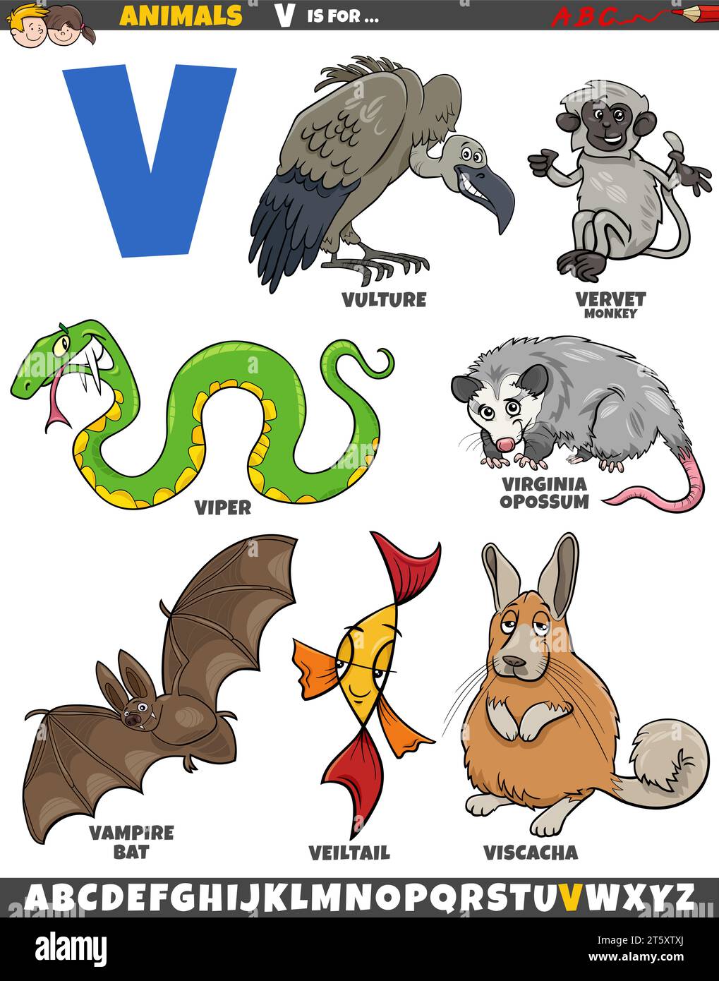 Zeichentrickillustration von Tierfiguren, die für den Buchstaben V gesetzt sind Stock Vektor