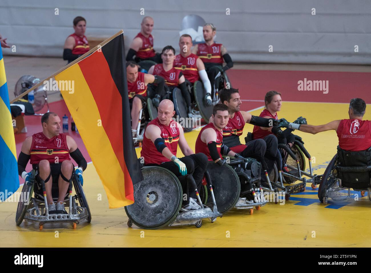 Andrej Leonhard (7) Maik Baumann (12) Fabian Müller (2) Rollstuhl Rugby Europameisterschaft in Koblenz, Deutschland am 28.06.2017 Stockfoto