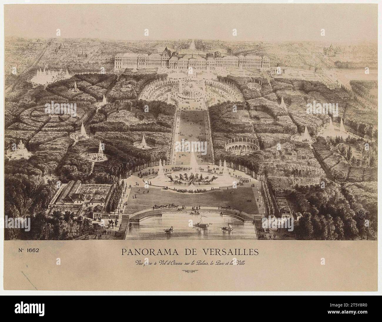 Fotoreproduktion eines Druckes mit einem Panorama von Versailles, anonym, 1860 - 1900 Stockfoto
