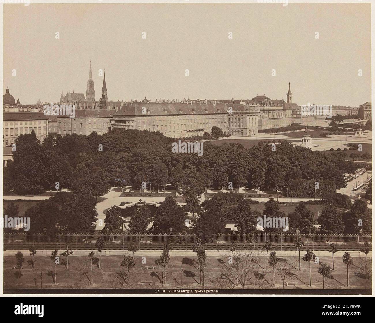 Blick auf die Hofburg und den Volksgarten in Wien, Österreich, M. Frankenstein & Co., 1866 - 1900 Stockfoto