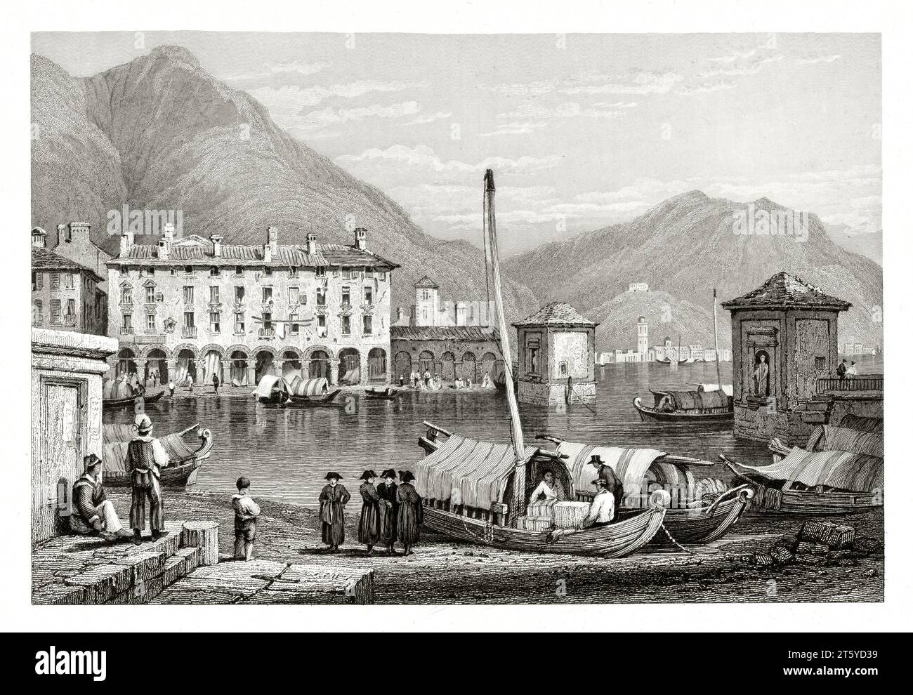 Alte Aussicht auf Como und den Hafen am See, Italien. Von Prout, publ. In London, 1831 Stockfoto