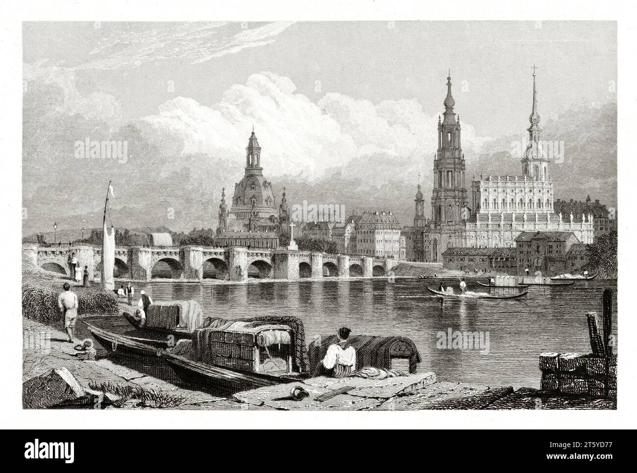 Alte Sicht auf die Elbe in Dresden. Von Prout, publ. In London, 1831 Stockfoto