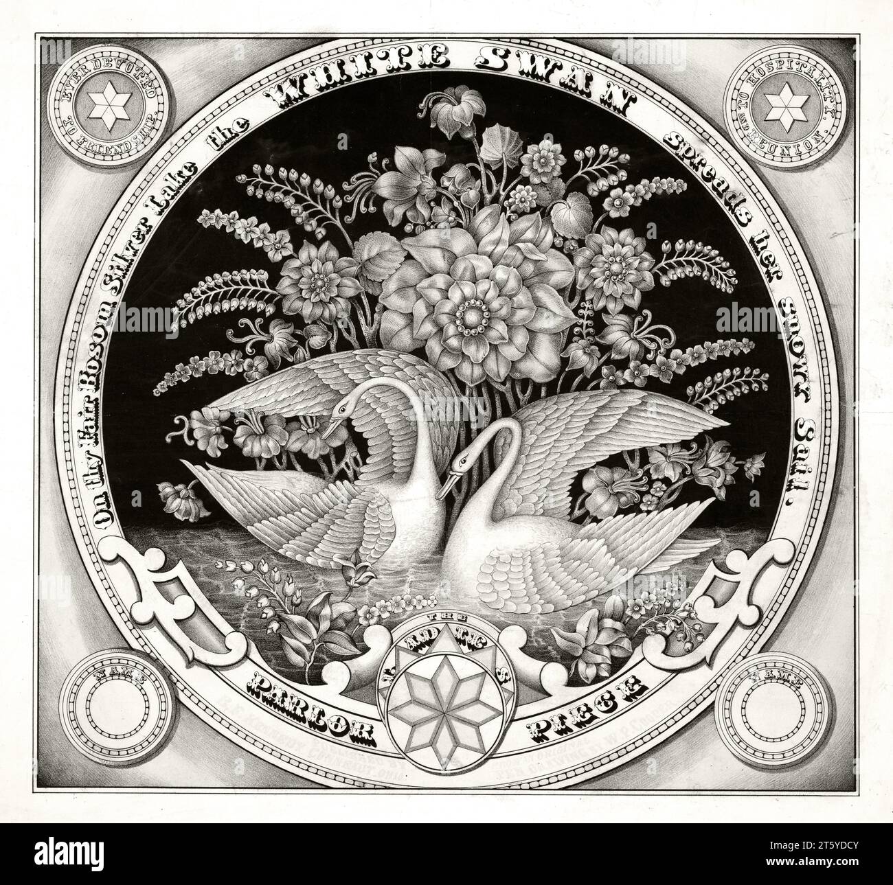 Antike schwarz-weiße Dekoration: Schwäne und Blumenmotive. Von Morgan, Publ. CA. 1873 Stockfoto