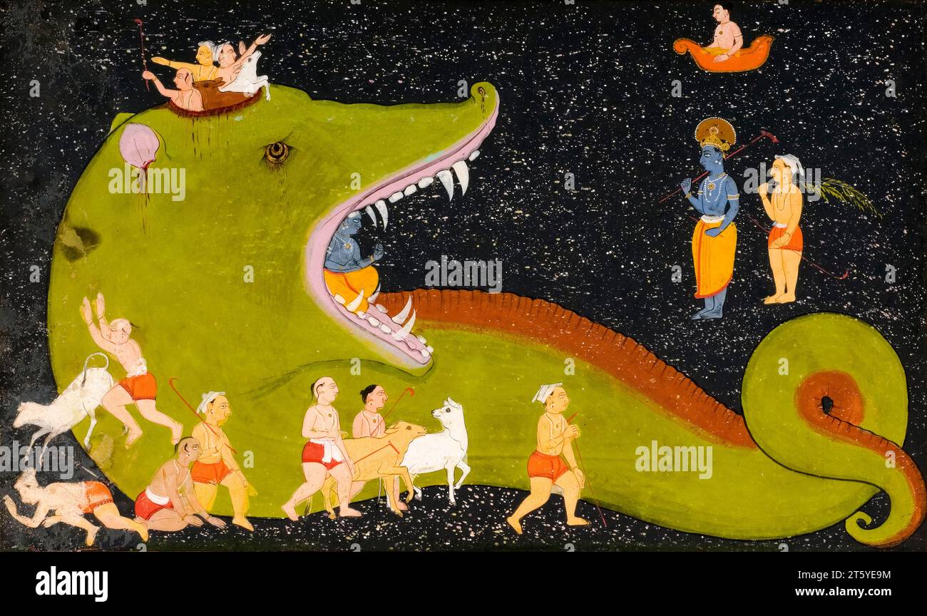 Mewar School, indische Kunst des frühen 18. Jahrhunderts, Krishnas Sieg über Aghasura, Aquarellmalerei über Tinte auf Papier, um 1700-1725 Stockfoto