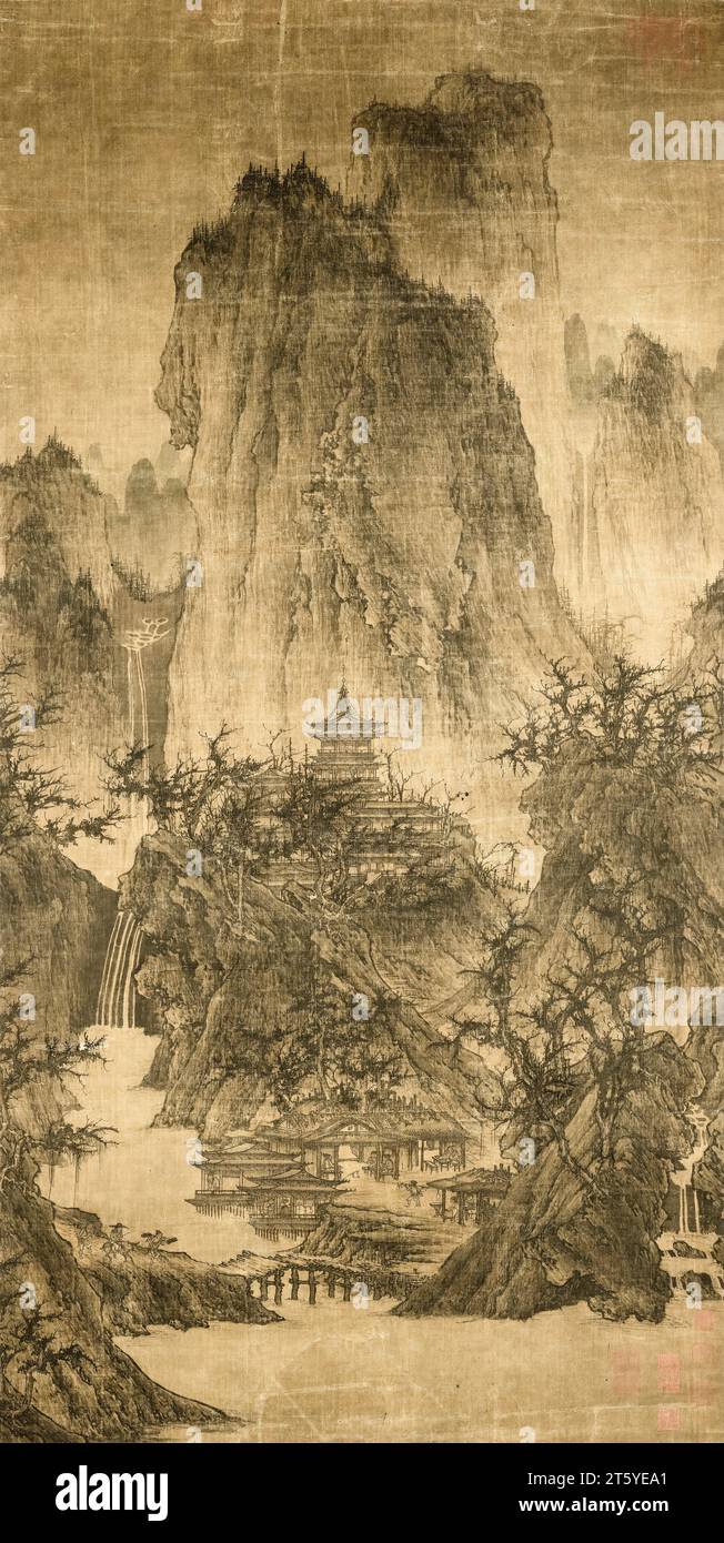 Chinesische Kunst aus dem 10. Jahrhundert, Ein einsamer Tempel inmitten von Clearing Peaks, hängende Rolle in Tinte und Farbe auf Seide von Li Cheng, vor 967 Stockfoto
