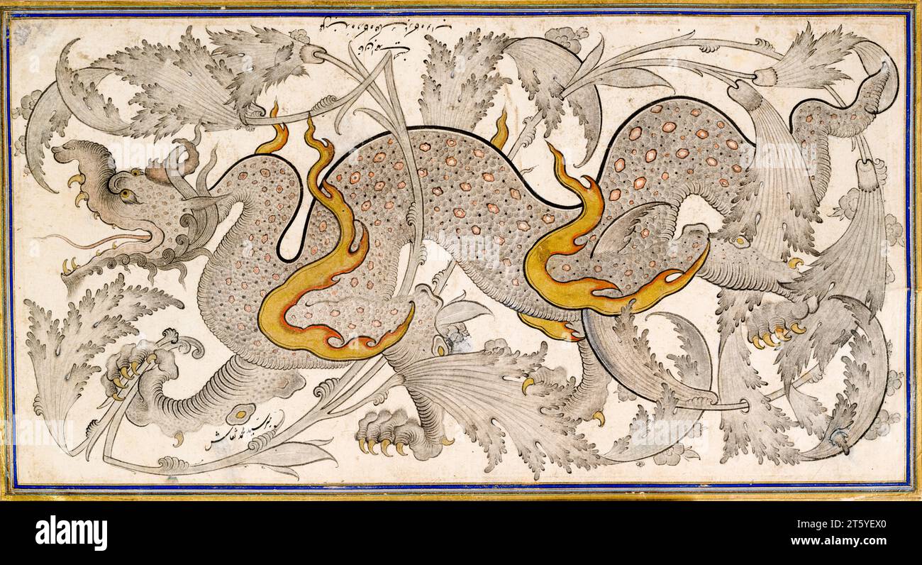 Persische Kunst aus dem 16. Jahrhundert, Drache in Laub, Aquarellmalerei über Tusche mit Gold von mir Sayyid Muhammad Naqqash, 1520-1550 Stockfoto