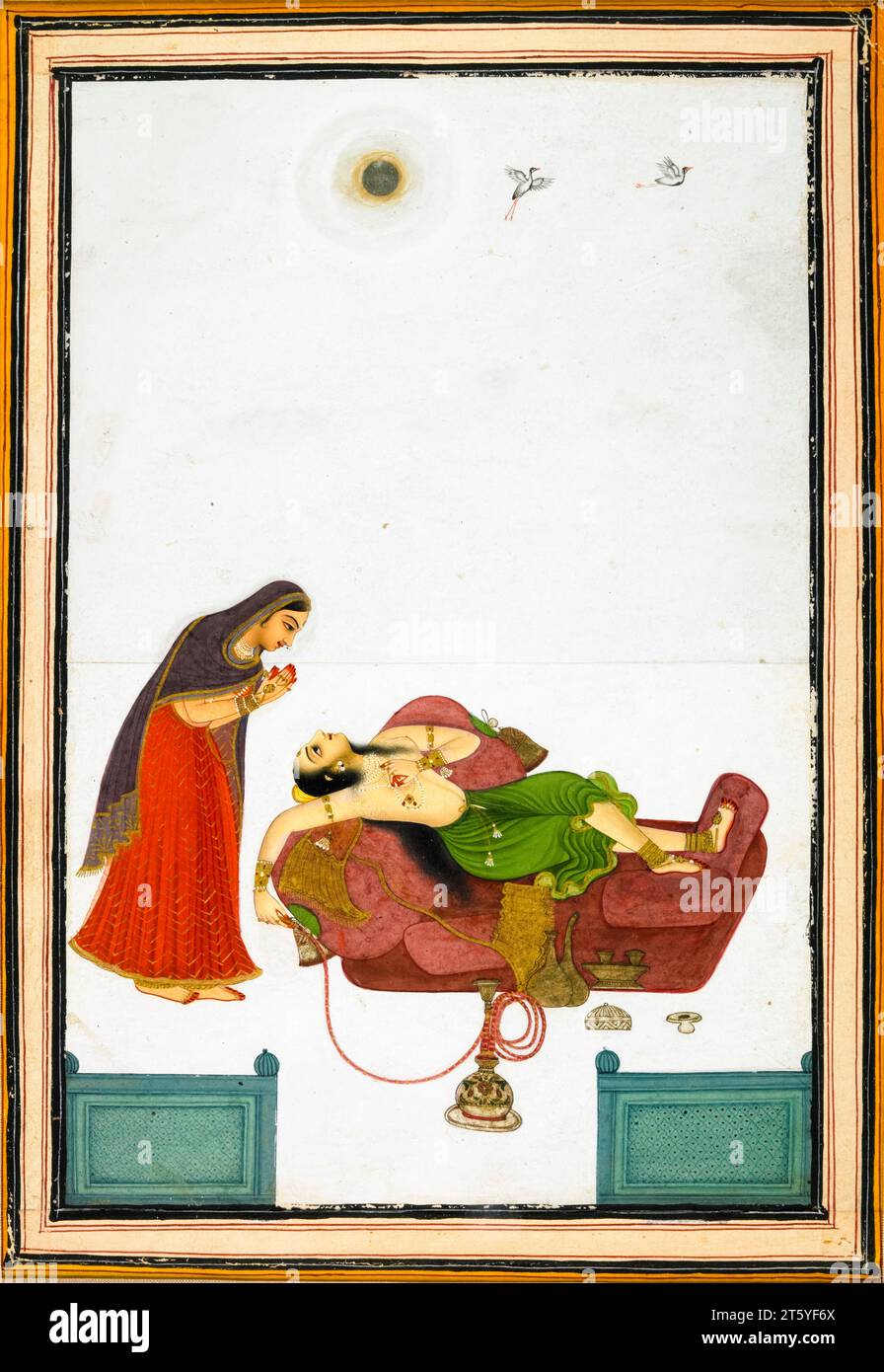 Virahotkanthita Nayika sehnte sich nach ihrem Liebhaber, Aquarellmalerei mit Gold und Silber, um 1770 Stockfoto