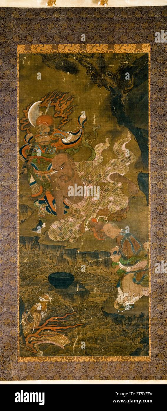 Chinesische Yuan-Dynastie hängende Rolle, Arhat Taming the Dragon, Tinte und Mineralpigmente auf Seide, vor 1368 Stockfoto