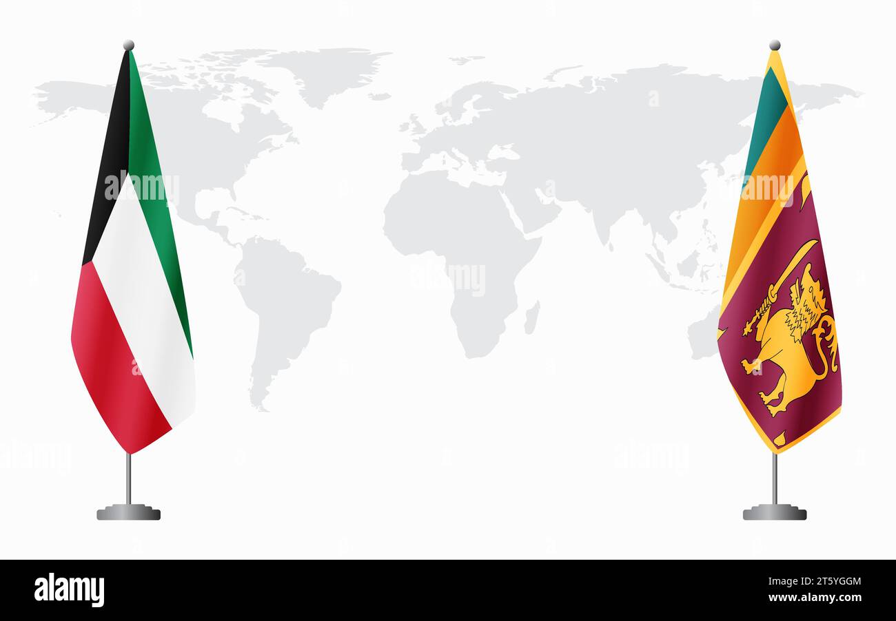 Kuwait und Sri Lanka Flaggen zum offiziellen Treffen vor dem Hintergrund der Weltkarte. Stock Vektor