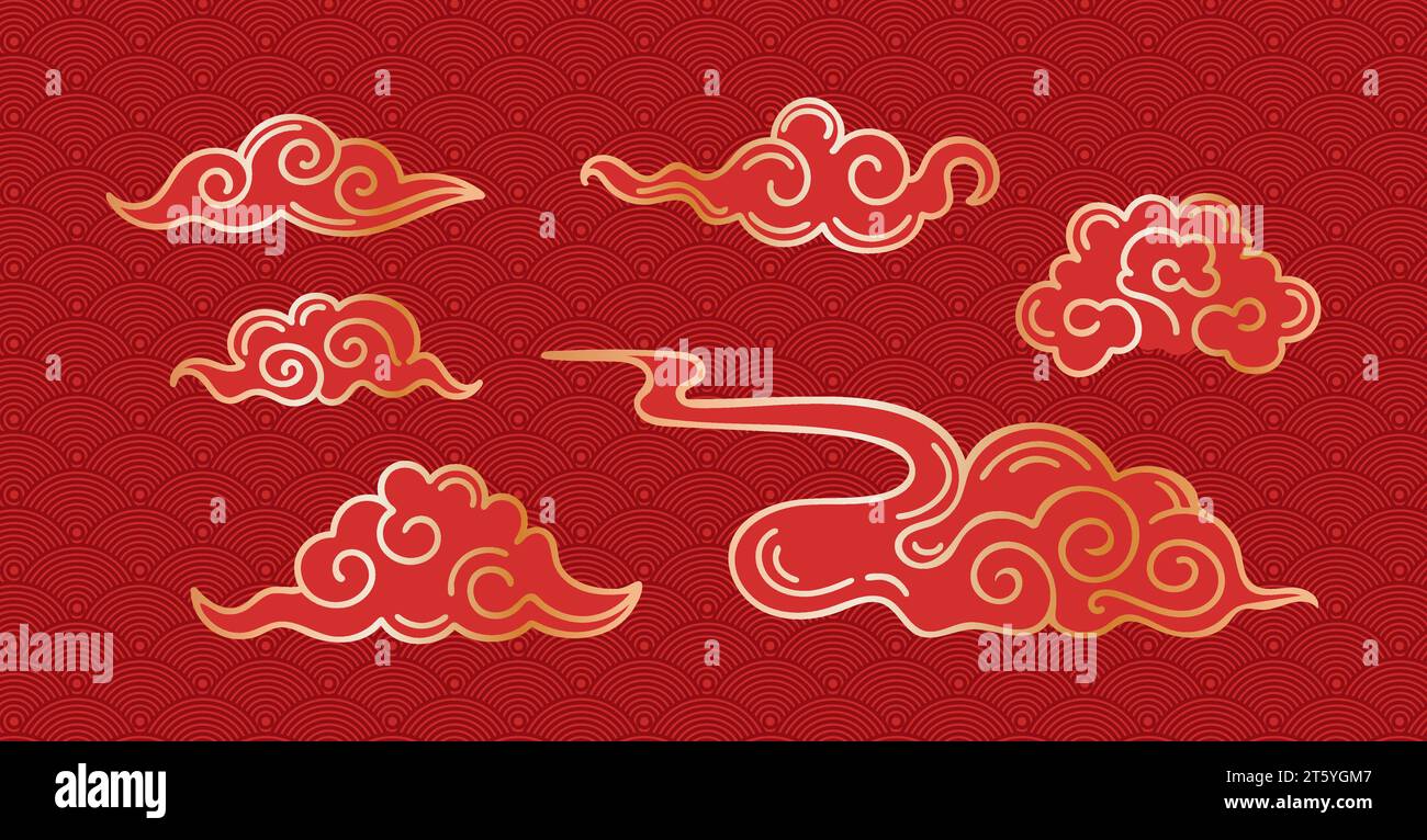 Wolkenset im asiatischen Stil. Gold auf Rot. Vektor-Vintage-Illustration. Hintergrund der Fischwaage. Traditionelle Wolkenmuster auf Chinesisch, Koreanisch und Japa Stock Vektor